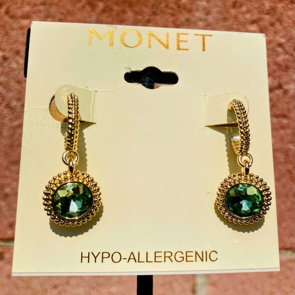 Monet green crystal gold hoop earrings
